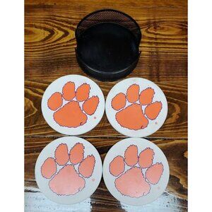 Clemson Coasters Set of 4  Orange Paws Print  and Holder